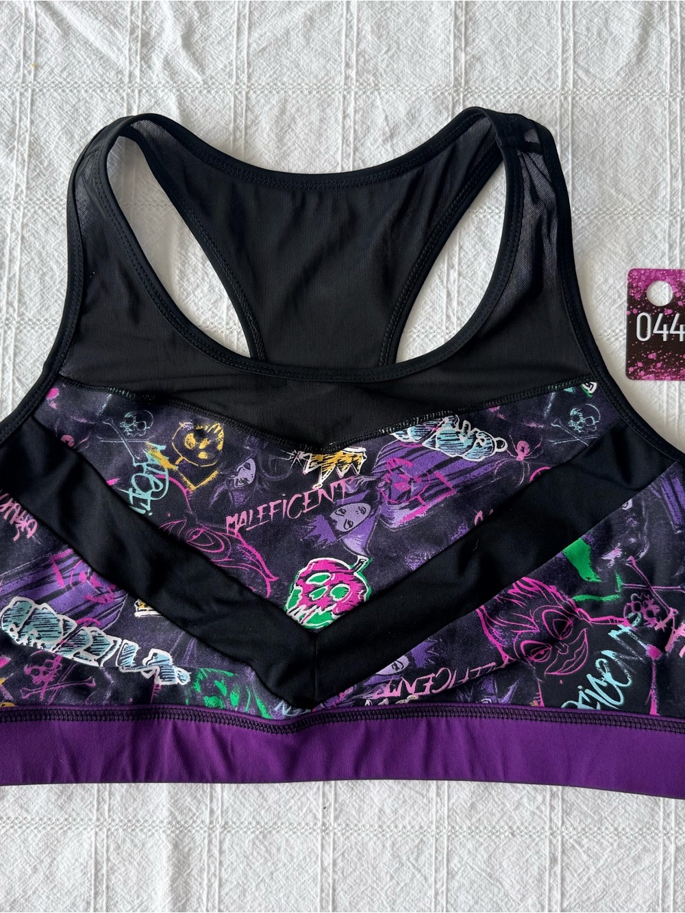 Disney Torrid Black Sports Bra with Purple Band and Multicolor Villain Graphics